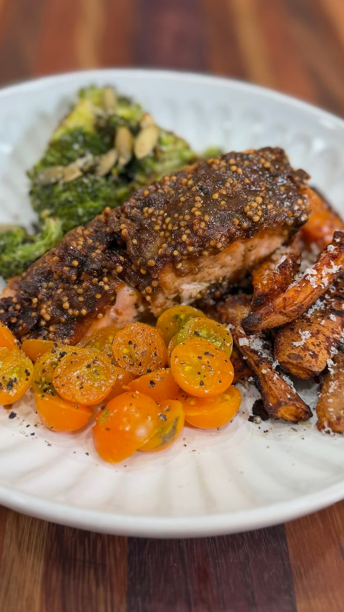 Bourbon Black Garlic Salmon with Roasted Sweet Potato Fries & Lemon Parmesan Broccoli