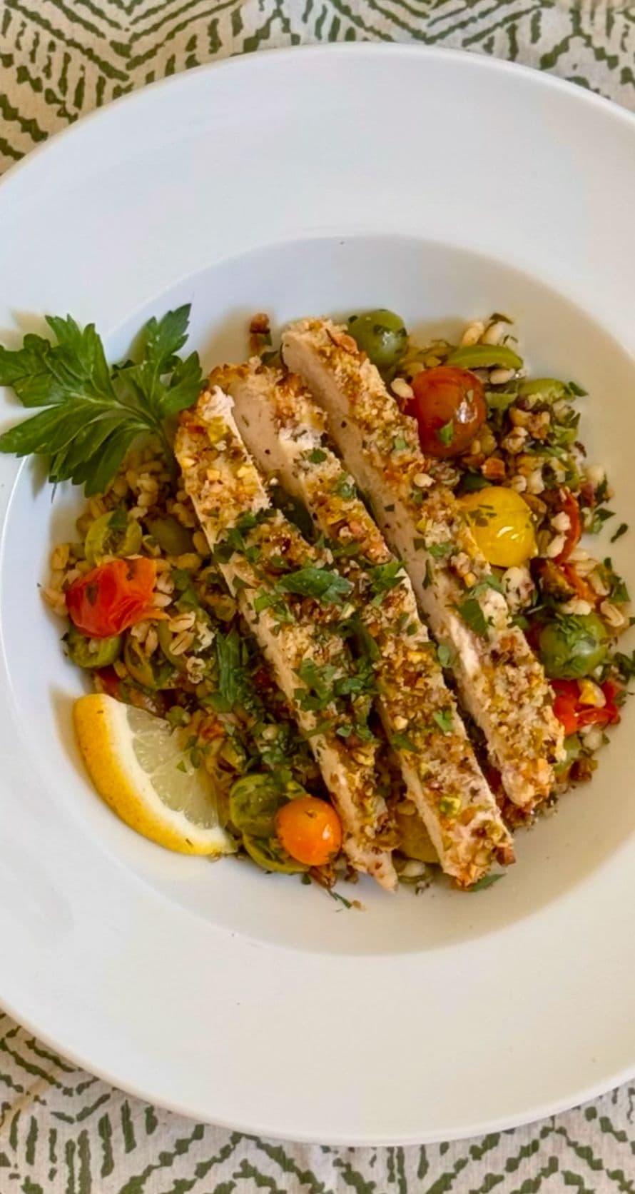 Fresh Pistachio Crusted Chicken & Barley Salad
