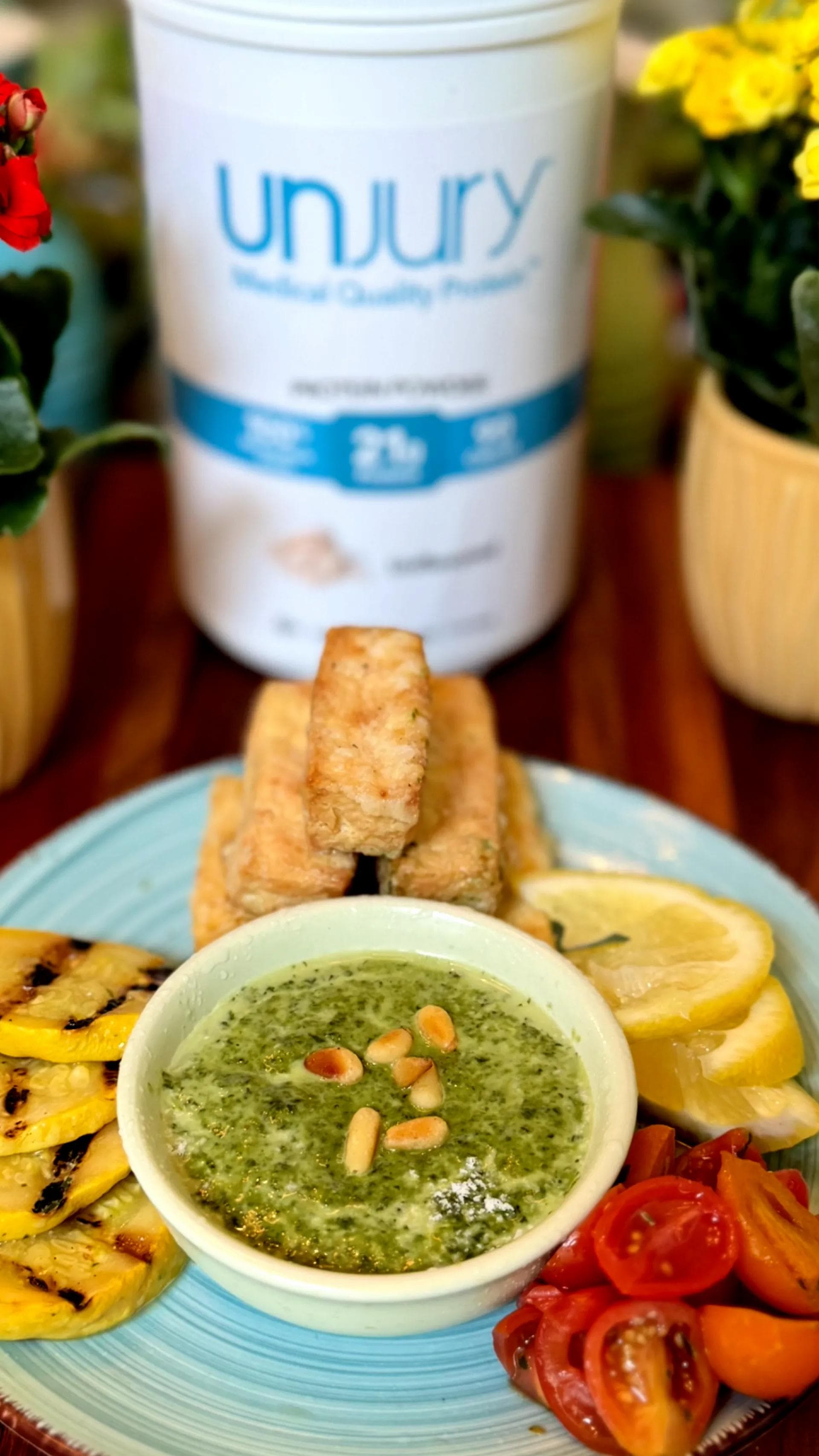 Air-Fried Tofu & Pesto with 20 g of Unjury Flavorless Protein