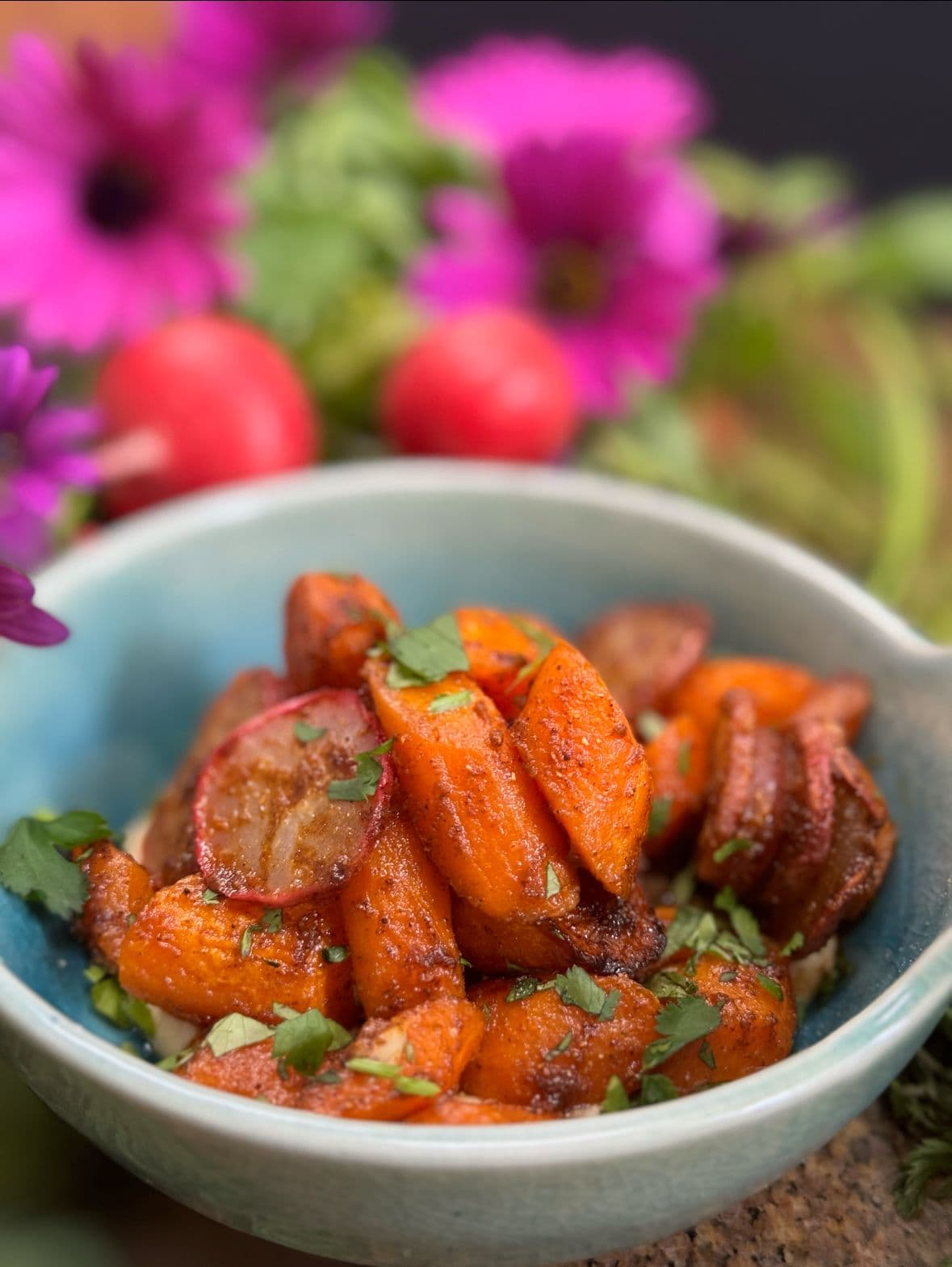 Roasted Carrots with radishes and white beans sauce