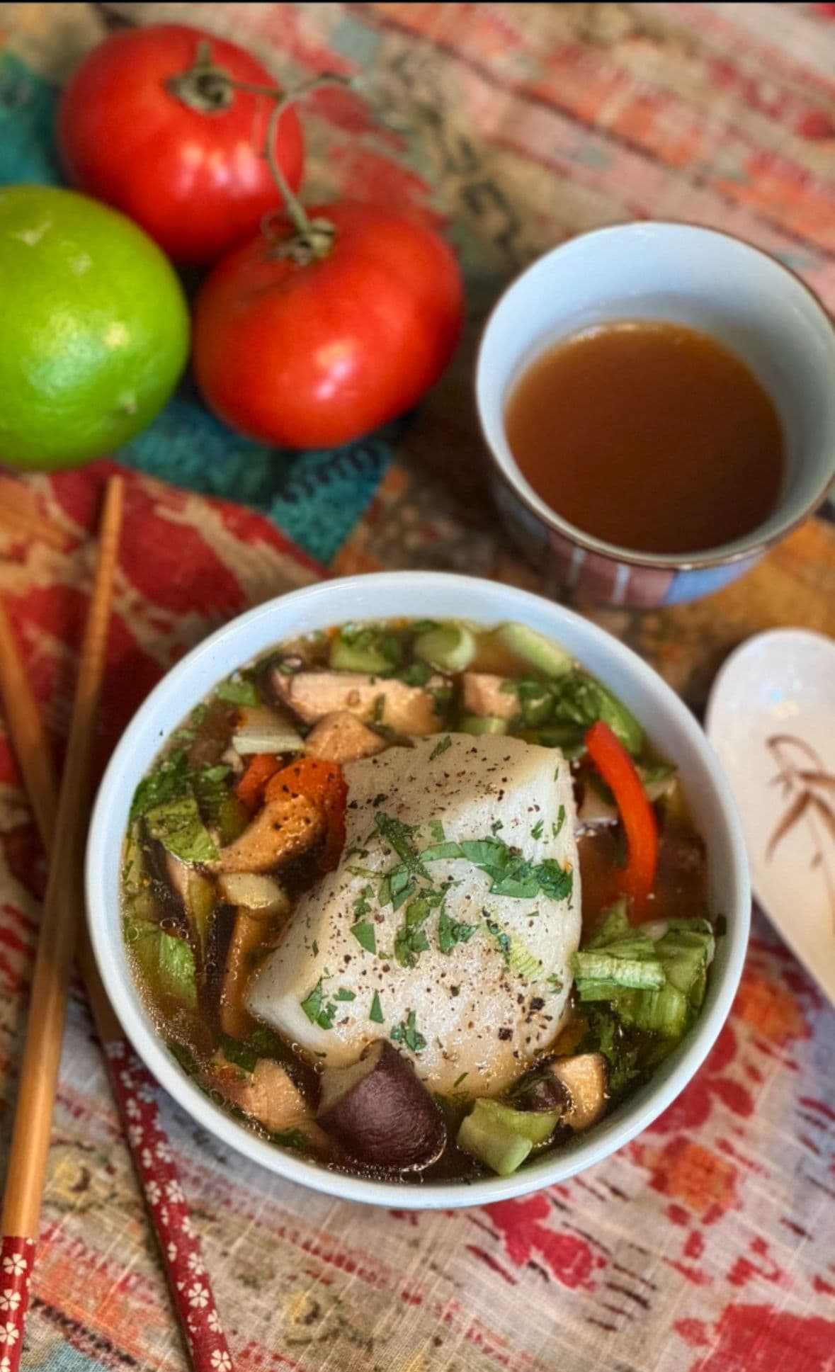 Sea bass soup with shiitake and bok choy