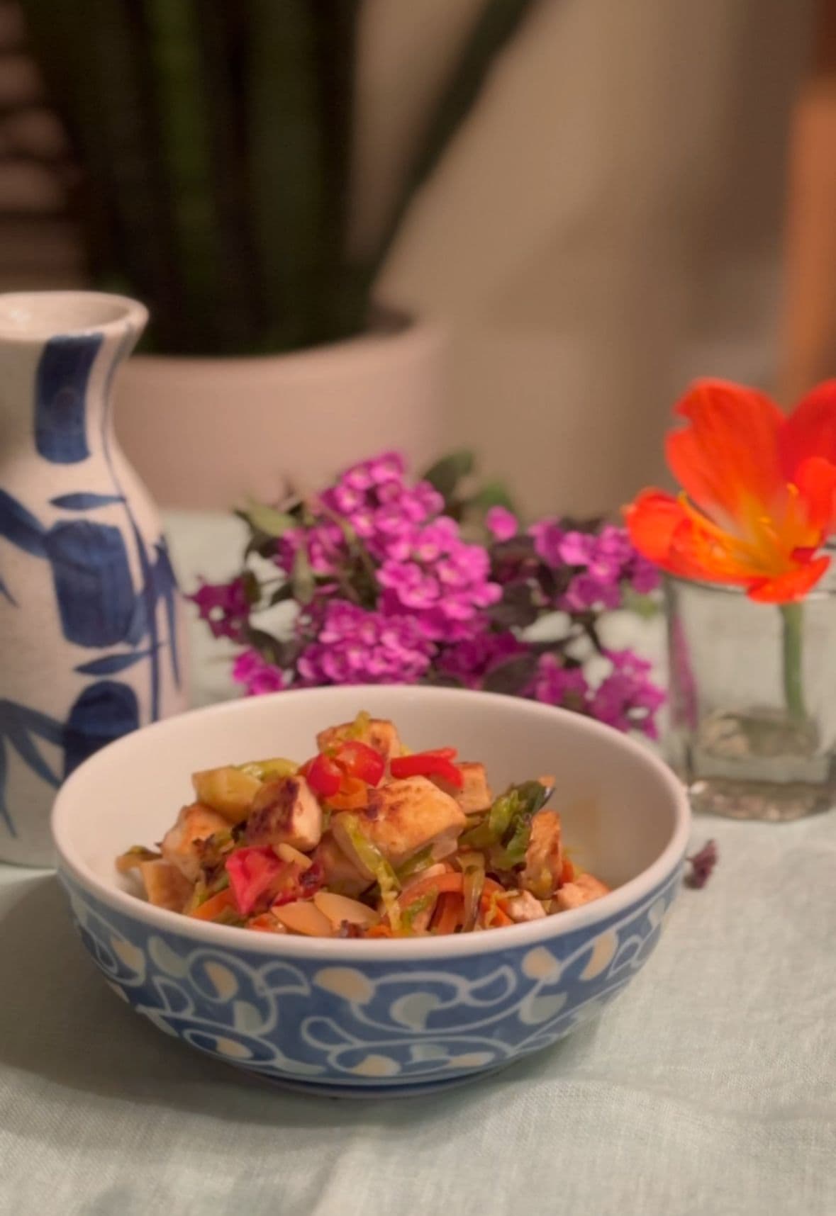 Tofu with brussel sprouts and almonds